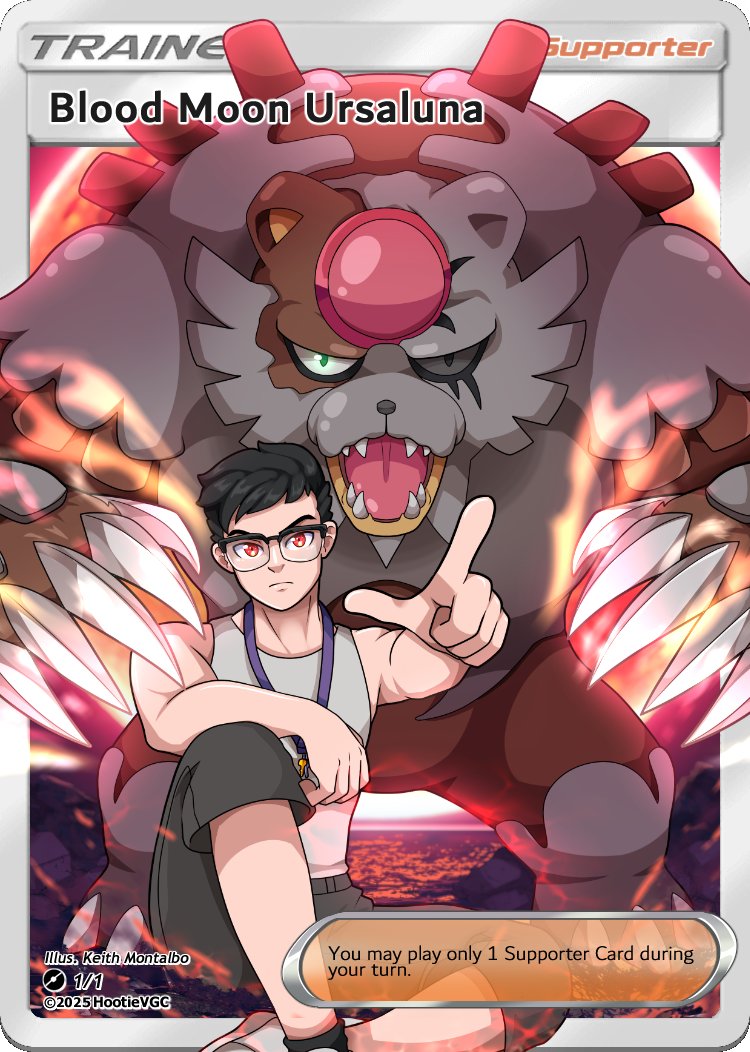PlaymakerYoum's tweet image. My good friend @HootieVGC commissioned the GOAT @KeithMontalbo and got me this amazing art as my Christmas present :)

Me with my favorite pokemon, Bloodmoon Ursaluna! 🐻