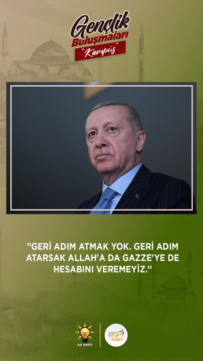 Geri adım yok.
Zulme karşı susmamak, mazlumun yanında dimdik durmak bizim için bir tercihten öte, bir sorumluluktur.
Gazze’deki kardeşlerimizin sesi olmaya devam edeceğiz.

#GençlikBuluşması 
<a href="/acarfaruka/">Faruk Acar</a> 
<a href="/MehmetUncu47/">Mehmet Uncu</a>