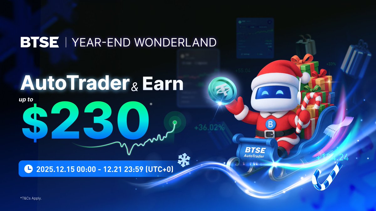 🎄 BTSE Wonderland: #AutoTrader Week is LIVE! 🎄
📅 Dec 15–21 (UTC)

How to win:
1️⃣ Tap “Trade Now”
2️⃣ Net deposit ≥ 50 USDT
3️⃣ Complete 2+ AutoTrader strategies

Jump in now 👇
bit.ly/BTSEYearEndWon…

#BTSEWonderland