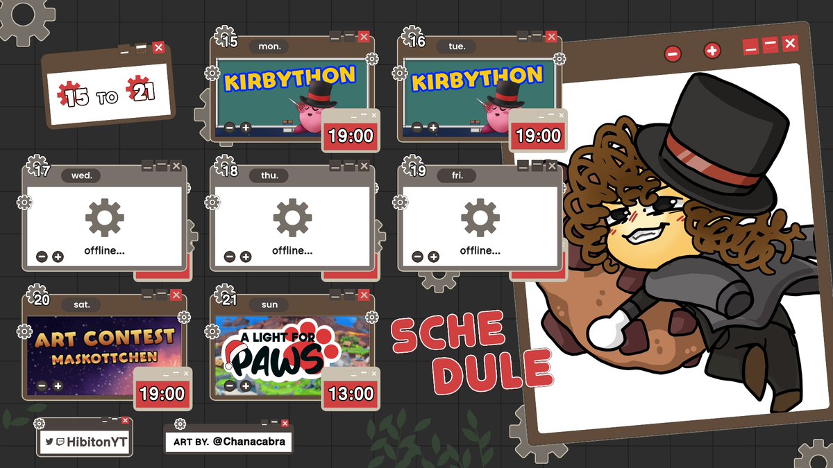 💡STREAMPLAN💡

Samstag gucken wir uns alle Beiträge vom #Hibimascot Art Contest an und ihr erfahrt wer gewonnen hat!

Sonntag ist der letzte Tag von #ALightForPaws und wir machen dafür nochmal Party in einer Mario Party Collab!