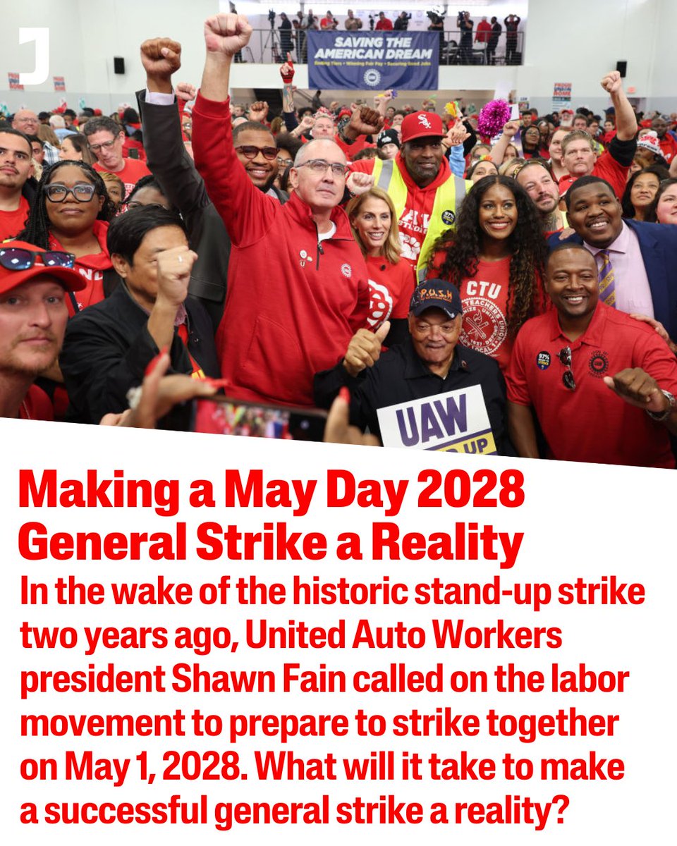 jacobin's tweet image. The idea of a May 2028 general strike, proposed by UAW president Shawn Fain, may sound impossible.

But a strategic look back at the coordinated strikes and militancy of the past two decades shows we might be much closer than we think. jacobin.com/2025/12/may-da…