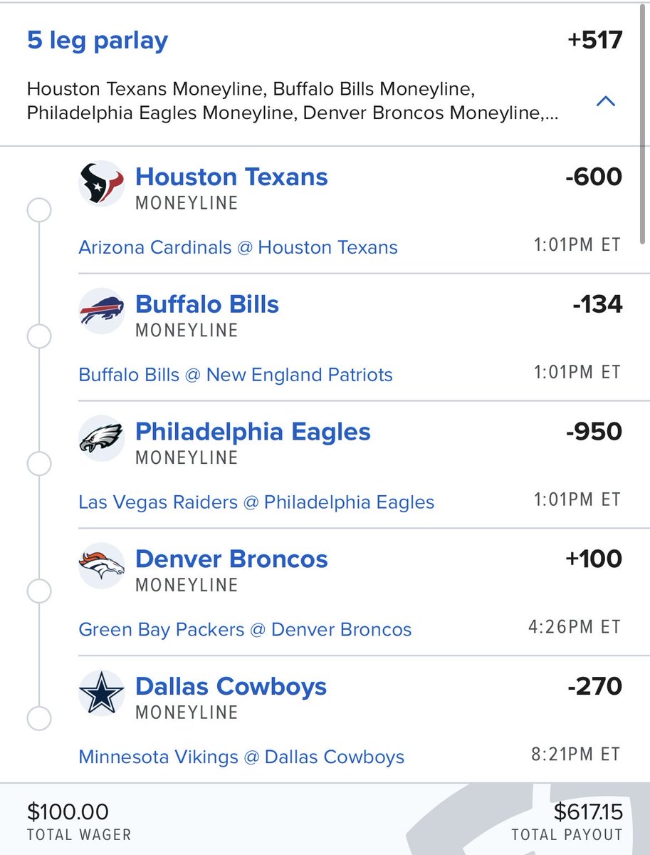 12/14 💣

+517

Texans ML
Bills ML
Eagles ML
Broncos ML
Cowboys ML

This either ends early or keeps us up all night.