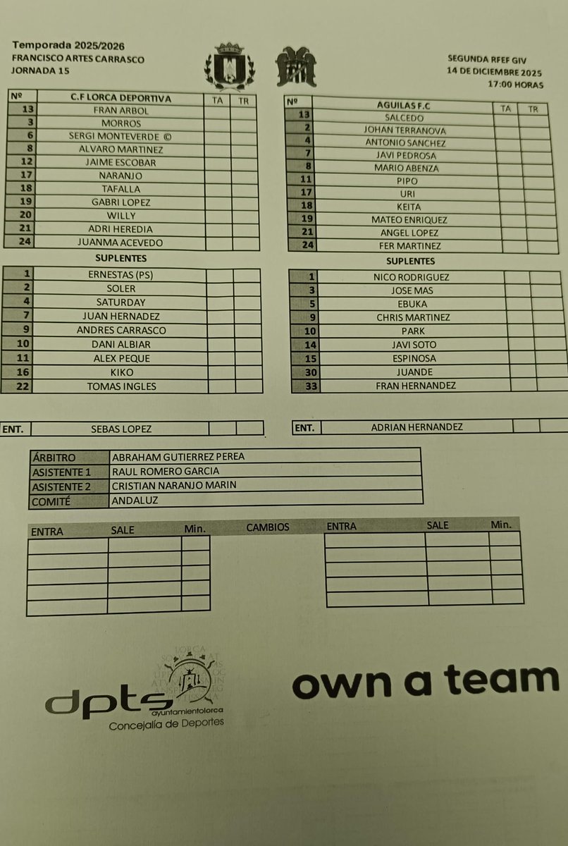 Alineaciones <a href="/lorcadeportiva/">Lorca Deportiva</a>🆚<a href="/aguilas_fc/">Águilas F.C.</a> Con los comentarios de <a href="/Alfonsolorca/">Alfonso Martinez</a>