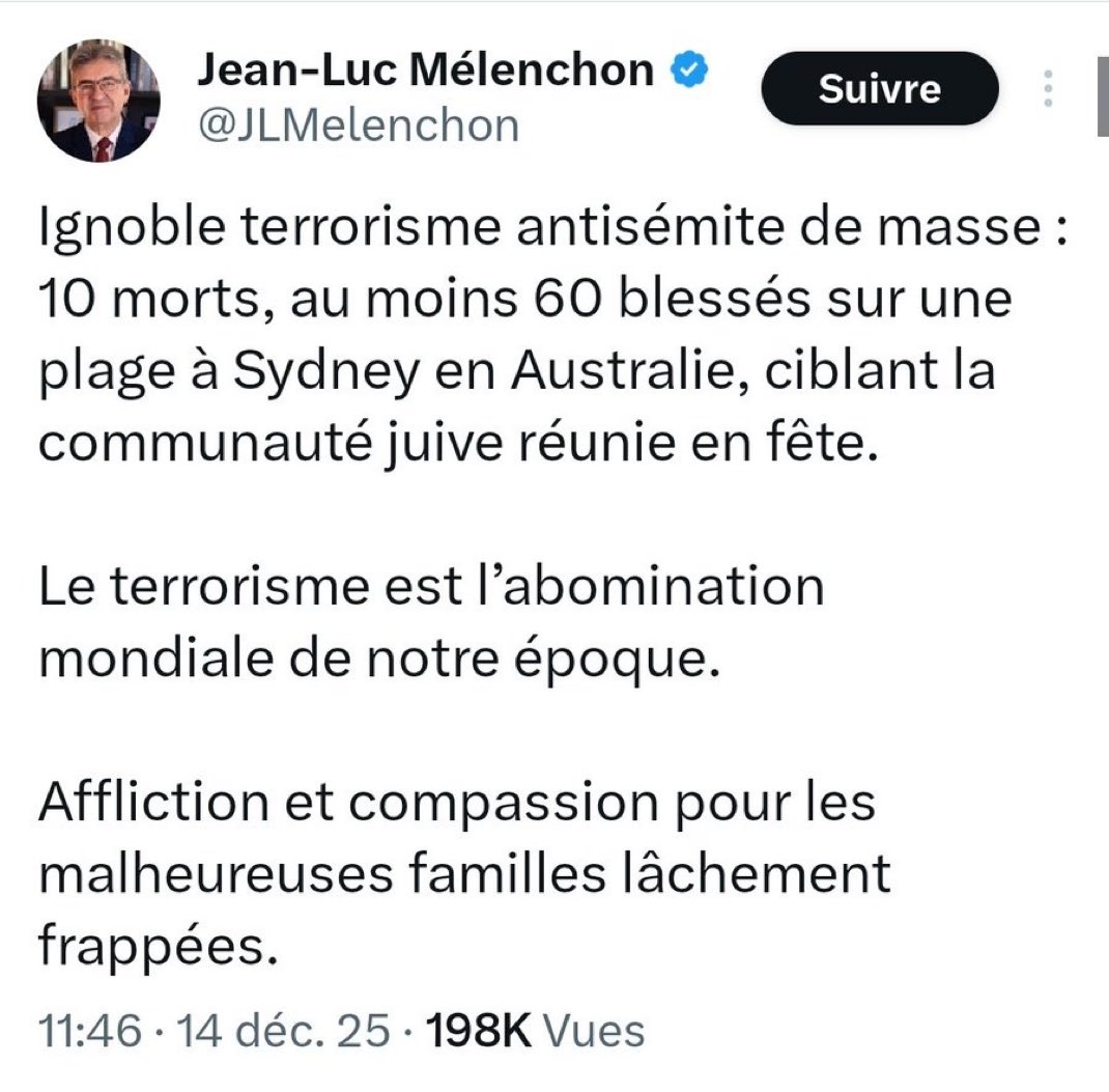 S’afficher avec ceux qui ont jubilé le 7/10 et venir faire semblant de pleurer …

Je trouve que Mélenchon est le politicien le plus ignoble qui puisse exister en France !