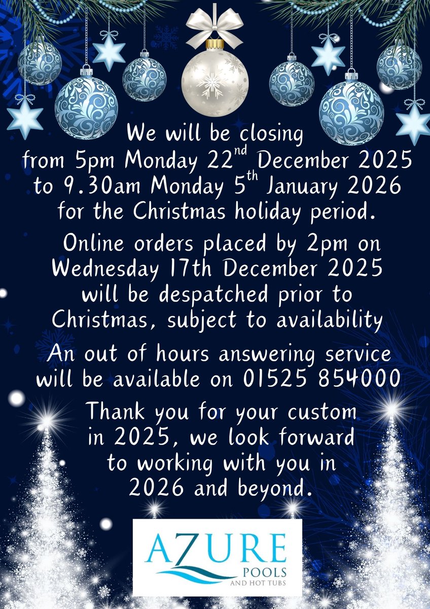 Azure_Pools's tweet photo. Azure Pools &amp; Hot Tubs Christmas Closure - https://t.co/pnxi9pgAfh https://t.co/mTbhQB4Nj2