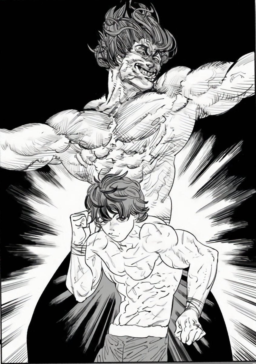 D_Kumii's tweet image. In the latest issue of ‘Kono Manga ga Sugoi’, Fujimoto was asked which manga he’d like to draw as a spin-off or remake.

Tatsuki Fujimoto: “Baki the Grappler. I want to pit Baki against a ghost!”

He actually drew an illustration for Baki’s 30th anniversary a while back.