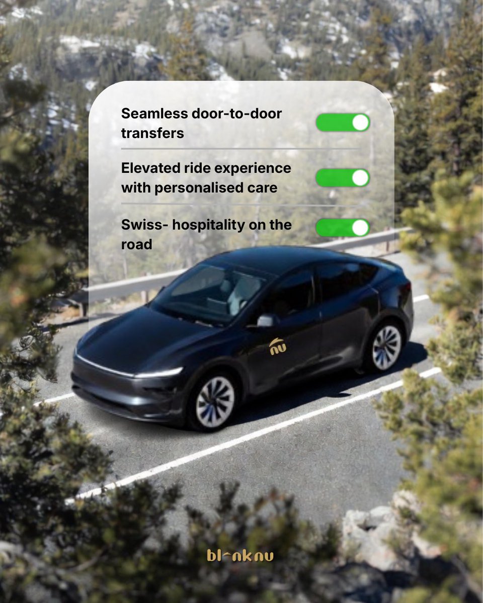 bl_nknu's tweet photo. Experience the upcoming Swiss NU way: quiet EV rides, seamless door-to-door transfers, and hospitality that feels personal from the moment you step in.

Coming in 2026.

#switzerland #Hospitality #transferservice #ev #Tesla #Swissairlines #road #blnknu https://t.co/Xtq0tFAWNM