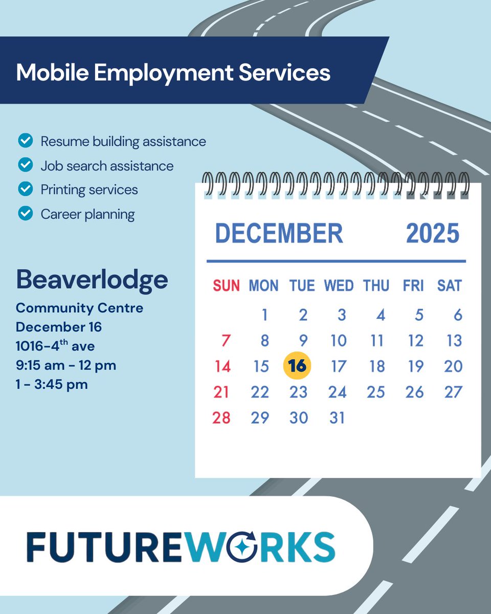 EmployAbilities's tweet image. FutureWorks Mobile Employment Services will be in Beaverlodge, AB, tomorrow in the Community Centre (1016 - 4 Avenue) from 9:15 AM - 3:45 PM, closed for lunch from 12-1 PM. 

✔️Resume help
✔️Job search help
✔️Printing services
✔️Career planning

employabilities.ab.ca/futureworks/