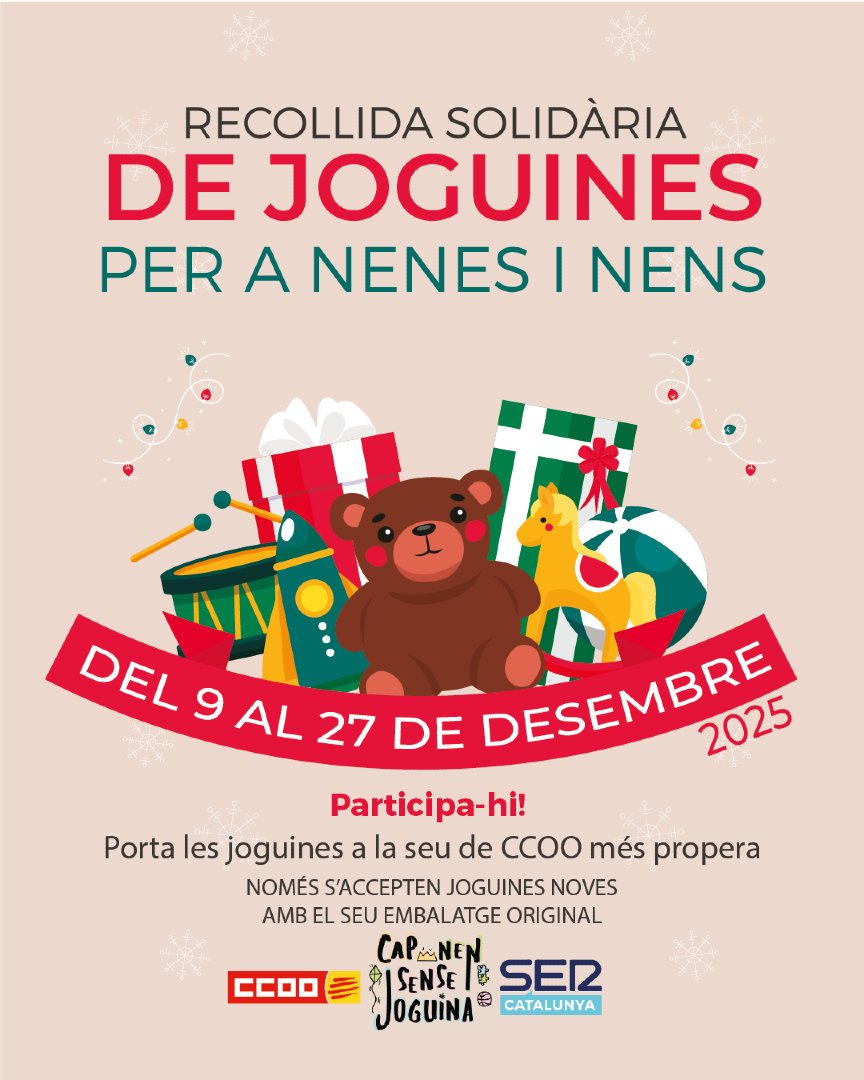 Us recordem que podeu deixar els regals als locals de CCOO fins al 27 de desembre 🎁