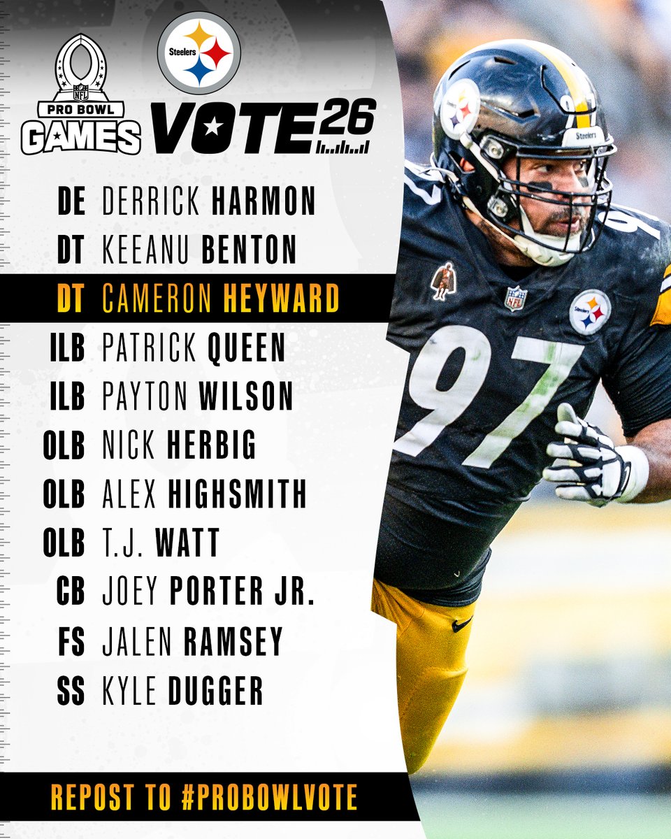Double vote days!
RP to #ProBowlVote for our guys 🙌
@CamHeyward
@DerrickHarmon20
@keeanu_benton
@Patrickqueen_
@payton_wilson21
@nickherbig_
Alex Highsmith
@_TJWatt
@JoeyPorterJr
@jalenramsey
@KingDugg_3