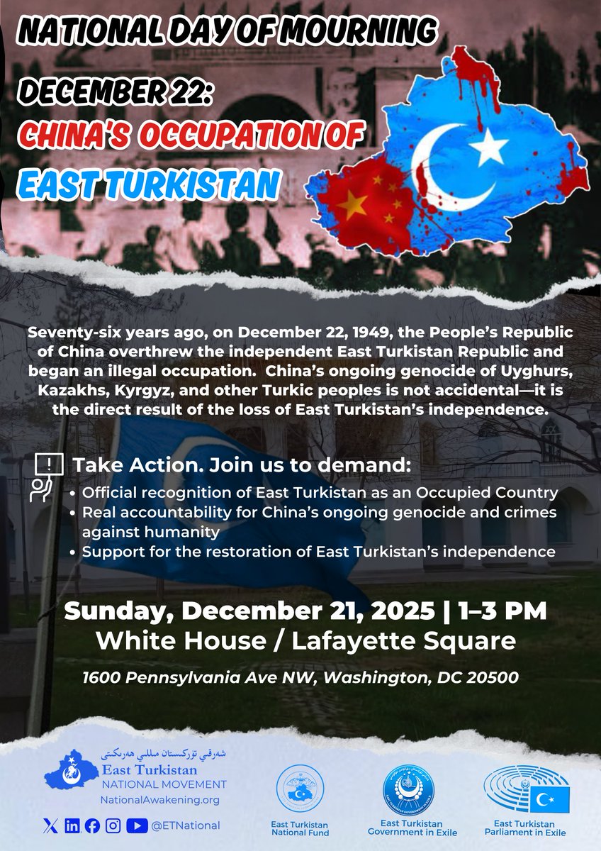 📅 December 22: East Turkistan's National Day of Mourning

🚨 On December 22, 1949, China overthrew the independent #EastTurkistanRepublic, starting 76 years of Chinese occupation, colonization, and genocide against Uyghurs, Kazakhs, Kyrgyz, and other Turkic peoples. 

‼️China's