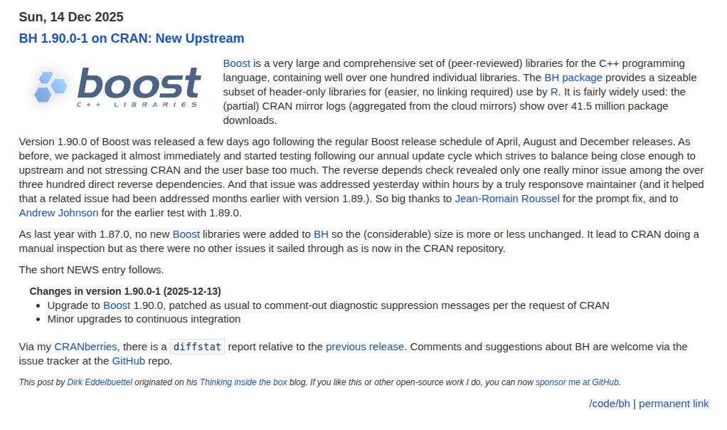 Screenshot of blog post at https://dirk.eddelbuettel.com/blog/2025/12/14#bh_1.90.0-1 describing release 1.90.0-1 of CRAN package BH.