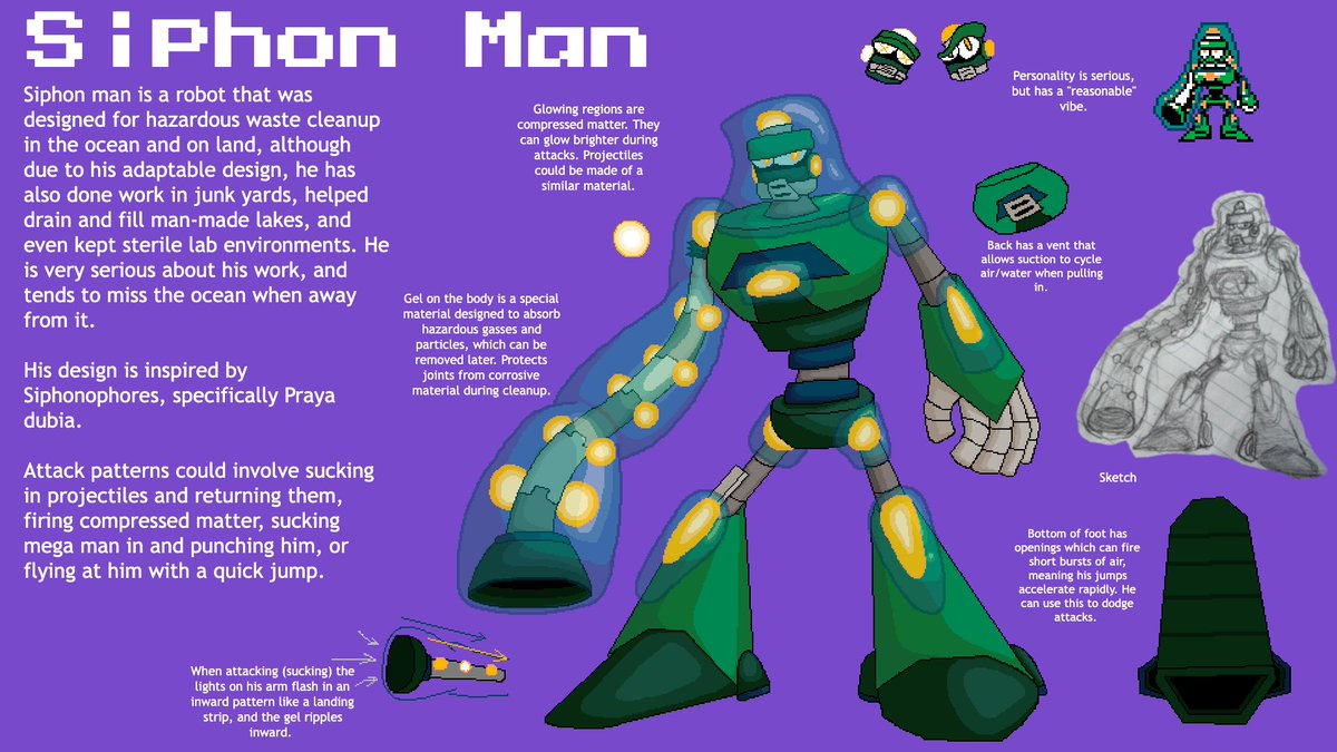 CastaneaKing's tweet image. My submission for the @MegaMan  contest!
Entry Category : Robot Master
#MegaManDO #DesignARobotMaster
Siphon man, a multi-purpose cleanup robot master with a design inspired by siphonophores.
Pen name: Castanea King