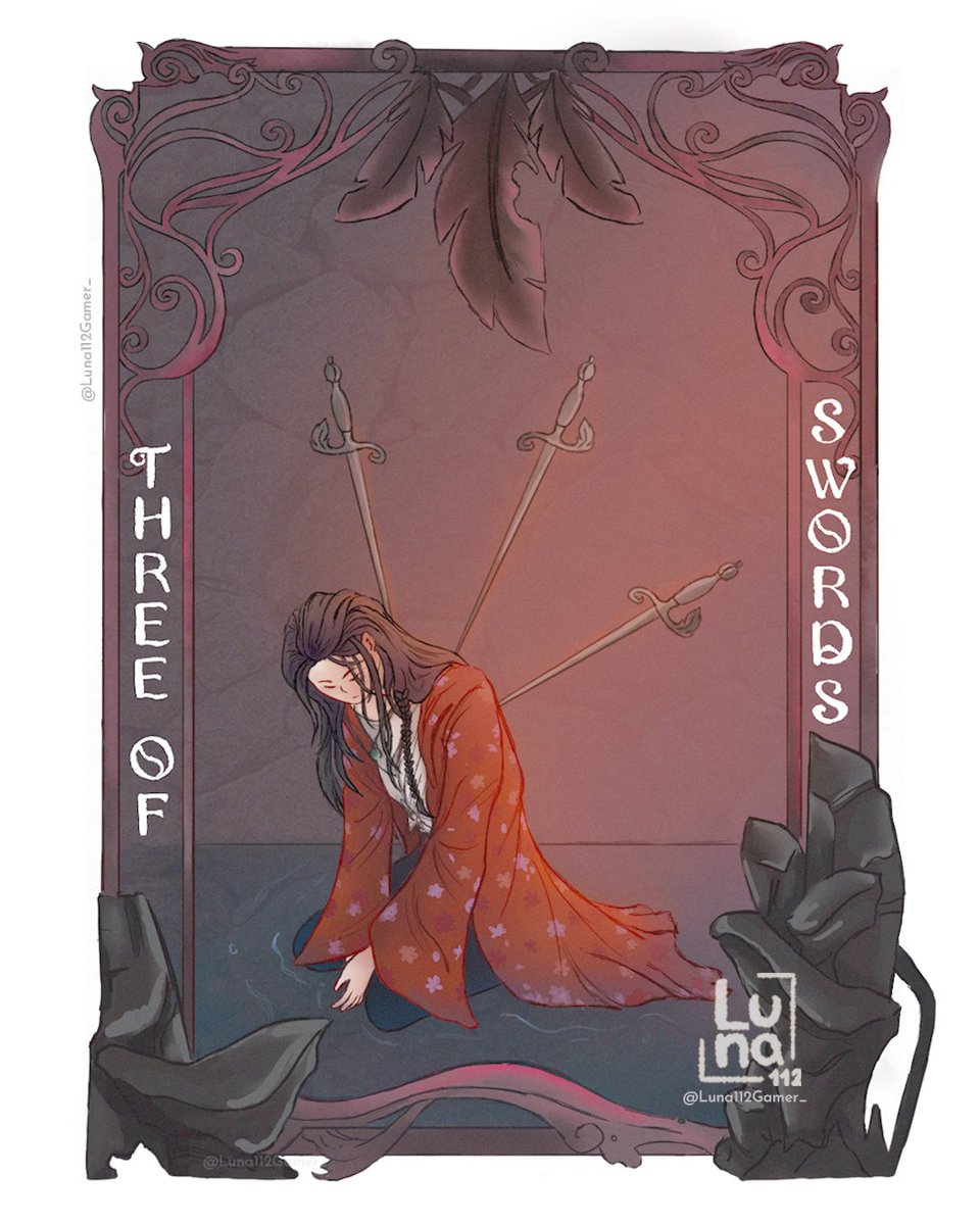 Luna112Gamer_'s tweet photo. Segunda ilustración de las cartas del tarot inspiradas en el estilo del art nouveau con los personajes de #adom, #adome, #adoma.

Lluvia - El Tres de Espadas. https://t.co/b8Sw4VVfgB