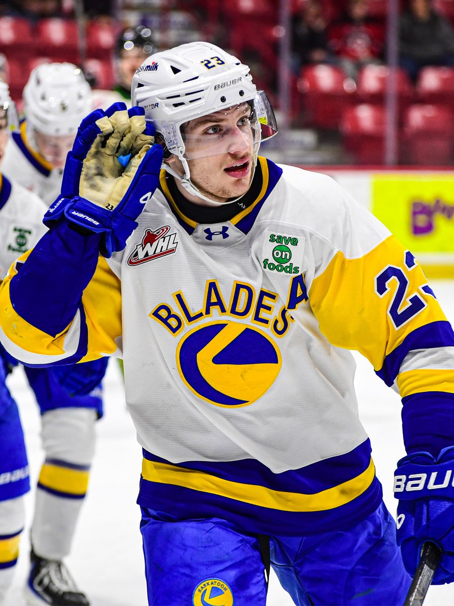 BladesHockey's tweet photo. First career @TheWHL hat-trick in your final hometown game?

We hear you, Vert 🔥 https://t.co/k6I5dl21Er