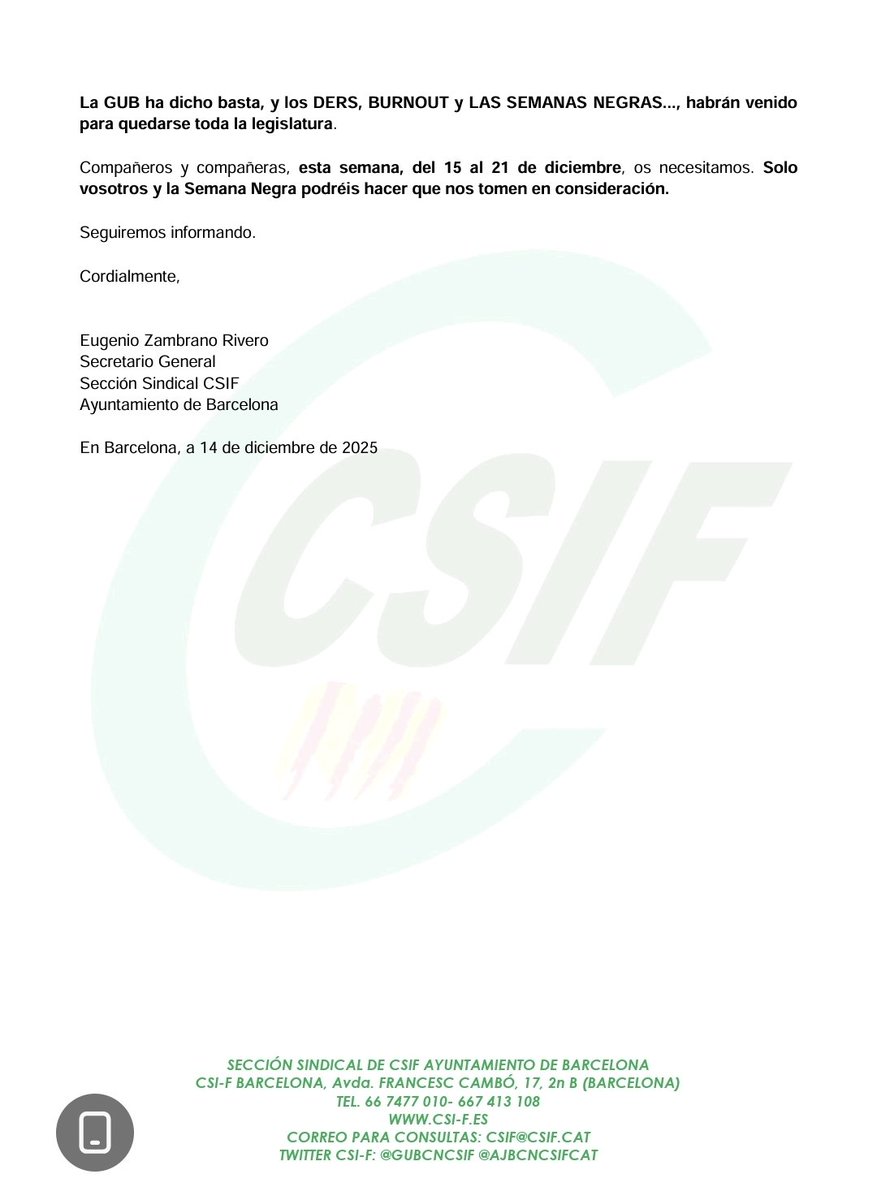🟢 Desde CSIF queremos agradecer en el siguiente comunicado la gran asistencia que hubo ayer en la manifestación por el centro de Barcelona. También lanzamos una advertencia ante una posible firma de un convenio que deje de lado a la GUB y la mejora de sus condiciones de servicio