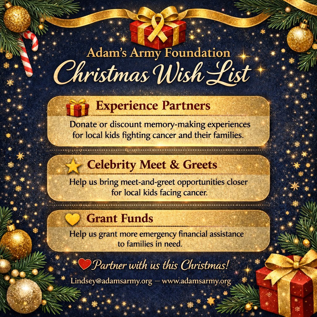 AdamsArmyFdtn's tweet photo. Please like and share!

Our Adam’s Army Childhood Cancer Warriors are DEFINITELY on the nice list! 🥰💪🤩🫶💯

Could you or someone you know help make some of our wishes come true so that we can make 2026 even better?? 🔔

Do you know of any fun local experiences or celebrities that would donate their time to inspire childhood cancer fighters?

We provided approximately $85,000 ❤️‍🔥 in financial assistance to families in need this year and we need donors and corporate sponsors to help us match and hopefully exceed that this next year! 

Please consider us for your year end giving and please share. Thank you!! 
🙏💛🎗️🥹🎅🎄
https://t.co/V7YVYhtw85