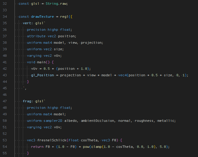 Pretty glsl template literals in VS Code: The glsl-literal VS Code plugin will enable syntax highlighting and the prettier-plugin-glsl + prettier-plugin-embed modules will enable prettier formatting.

The only downside is that glsl is no longer visually distinct from the rest of