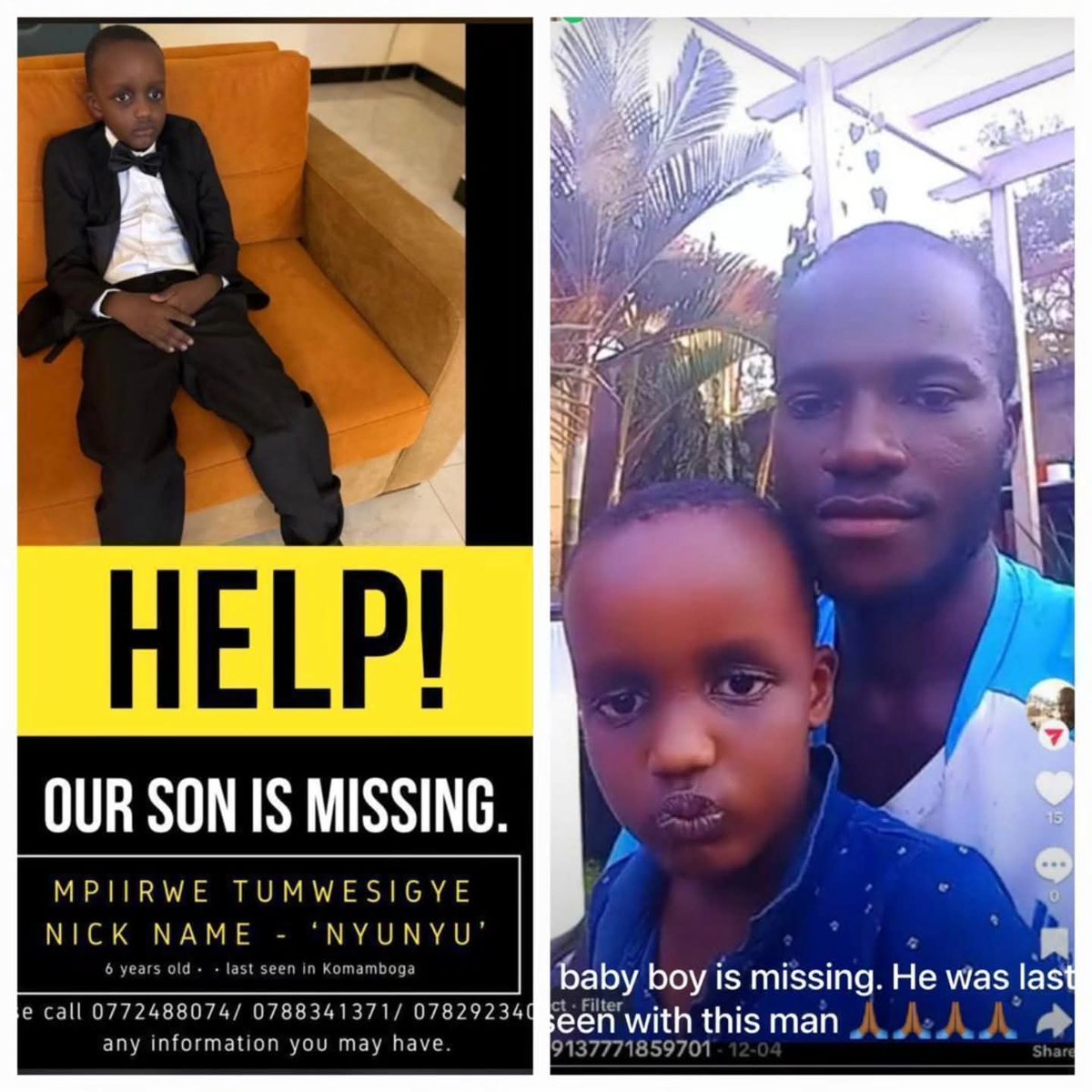 . <a href="/KawalaRachael/">Kawala Racheal</a> "The Kira road Divisional Police are actively investigating an alleged kidnapping that occurred on 12/12/2025 at about 1600 hours.

The victim is Mpirwe Tumwesigye Abraham, a 6-year-old minor.
The suspect is Muchunguzi David, a shamba boy and a resident of Ddungu