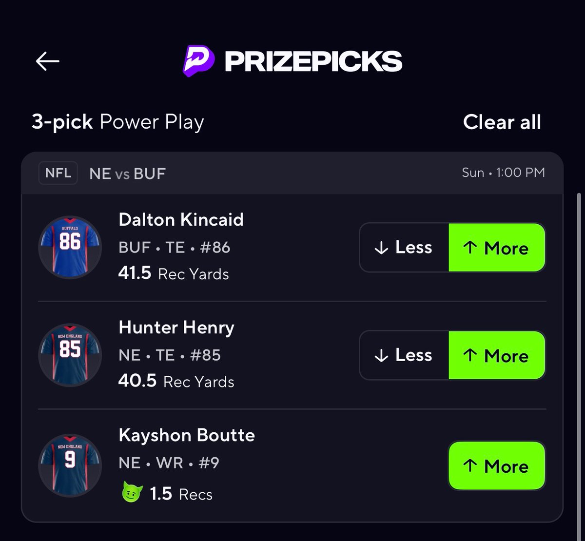 Our official Pats-Bills <a href="/PrizePicks/">PrizePicks</a> Picks!

🏈Hunter Henry MORE than 43.5 receiving yards
🏈Dalton Kincaid MORE than 41.5 receiving yards
🏈Kayshon Boutte MORE than 1.5 CATCHES

Go to prizepicks.onelink.me/LME0/CLNS, use code CLNS to get $50 in lineups after your first $5 lineup!