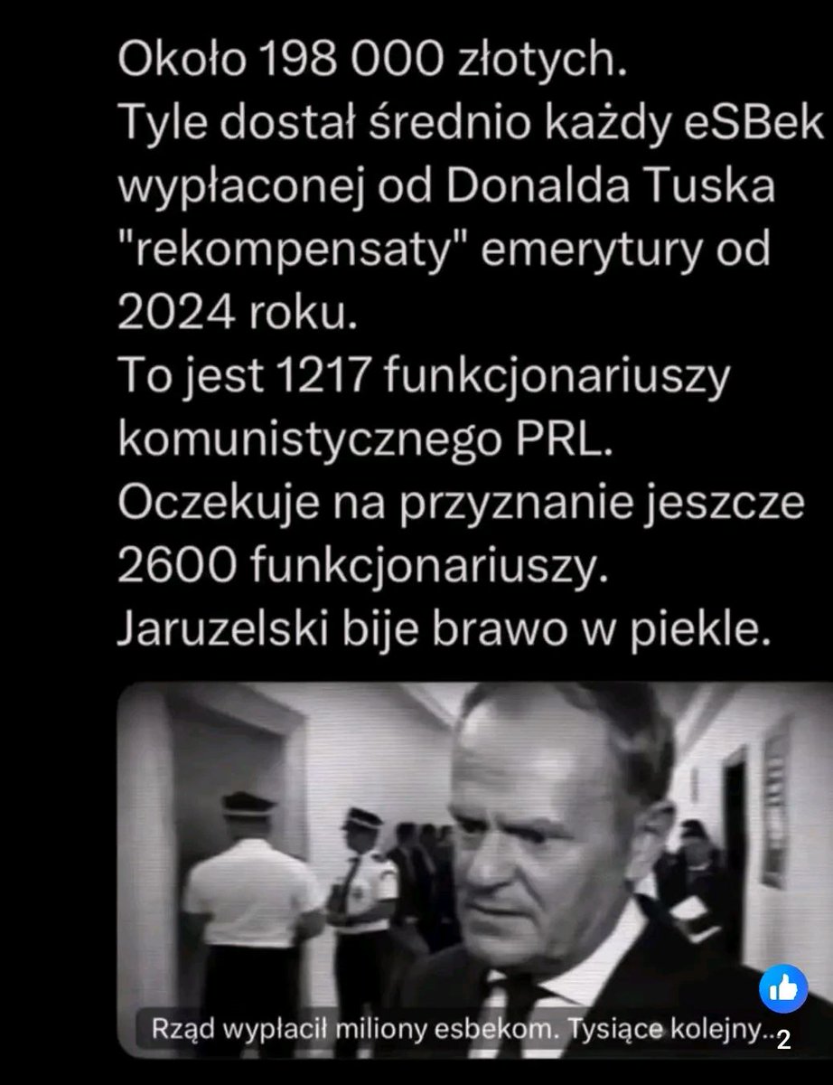 A wiecie, że:
"Około 198 000 zł!
Tyle dostał średnio każdy eSBek, wypłaconej od Tuska *rekompensaty* emerytury, od 2024?" 
Nie? To już wiecie!
Screen od <a href="/AnnaKseniaELO/">Ania - kocham życie.</a>