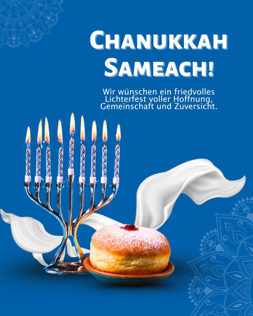 Chanukka Sameach! 🕎✨

Das Lichterfest erinnert uns, dass Hoffnung und Zusammenhalt stärker sind als Hass und Dunkelheit.
Gerade nach dem Anschlag in Sydney steht das Licht von Chanukka für das Bekenntnis, jüdisches Leben zu feiern.

Möge das Fest Wärme und Zuversicht schenken.