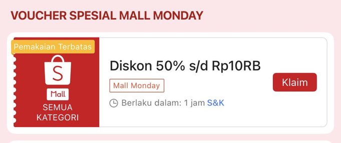 Info Promo Diskon Shopee Mall Monday 50% sd 10RB

⏰ 00.00 
📍Min belanja 0
📍Shopee mall

Klaim sekarang disini
s.shopee.co.id/30gwOYF7Xi