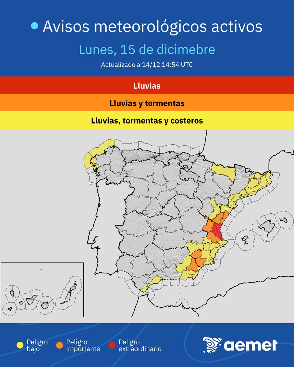 AEMET_Esp's tweet image. ⚠️🔴Continúa la situación adversa en el este peninsular: aviso rojo en Valle del Almanzora y Los Vélez (Almería) hasta la medianoche del domingo al lunes. 

➡️En Litorales Norte y Sur de Valencia los avisos rojos estarán en vigor hasta las 5:59 de la madrugada del lunes.

[1/3]