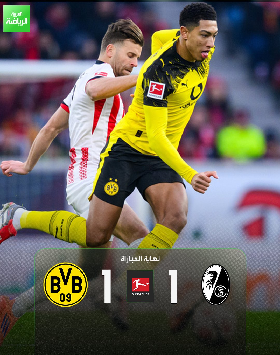 فرايبورغ يتعادل مع بوروسيا دورتموند بهدف لمثله. جوب بيلنغهام تلقى بطاقة حمراء في الدقيقة 53. فرايبورغ 1 (لوكاس هويلير) بوروسيا دورتموند 1 (رامي بن سبعيني) الدوري الألماني ملعب أوروبا بارك 