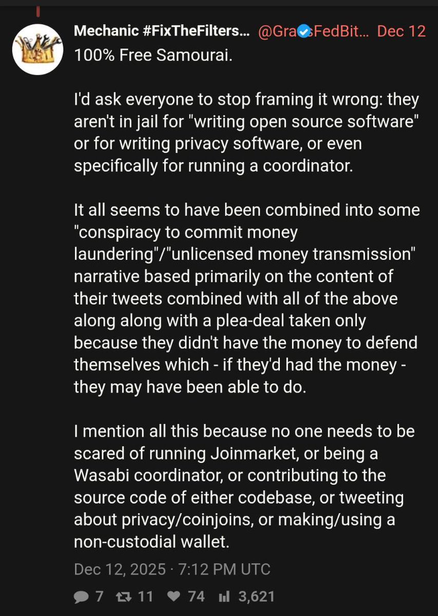 econoalchemist's tweet image. Sick of this retardation. If I wasn't blocked I would respond directly.

Samourai devs are 100% going to prison because of their code, the fact they made the software and knew it could be used by criminals was the conspiracy. The absolute absurdity of it all is that criminals use