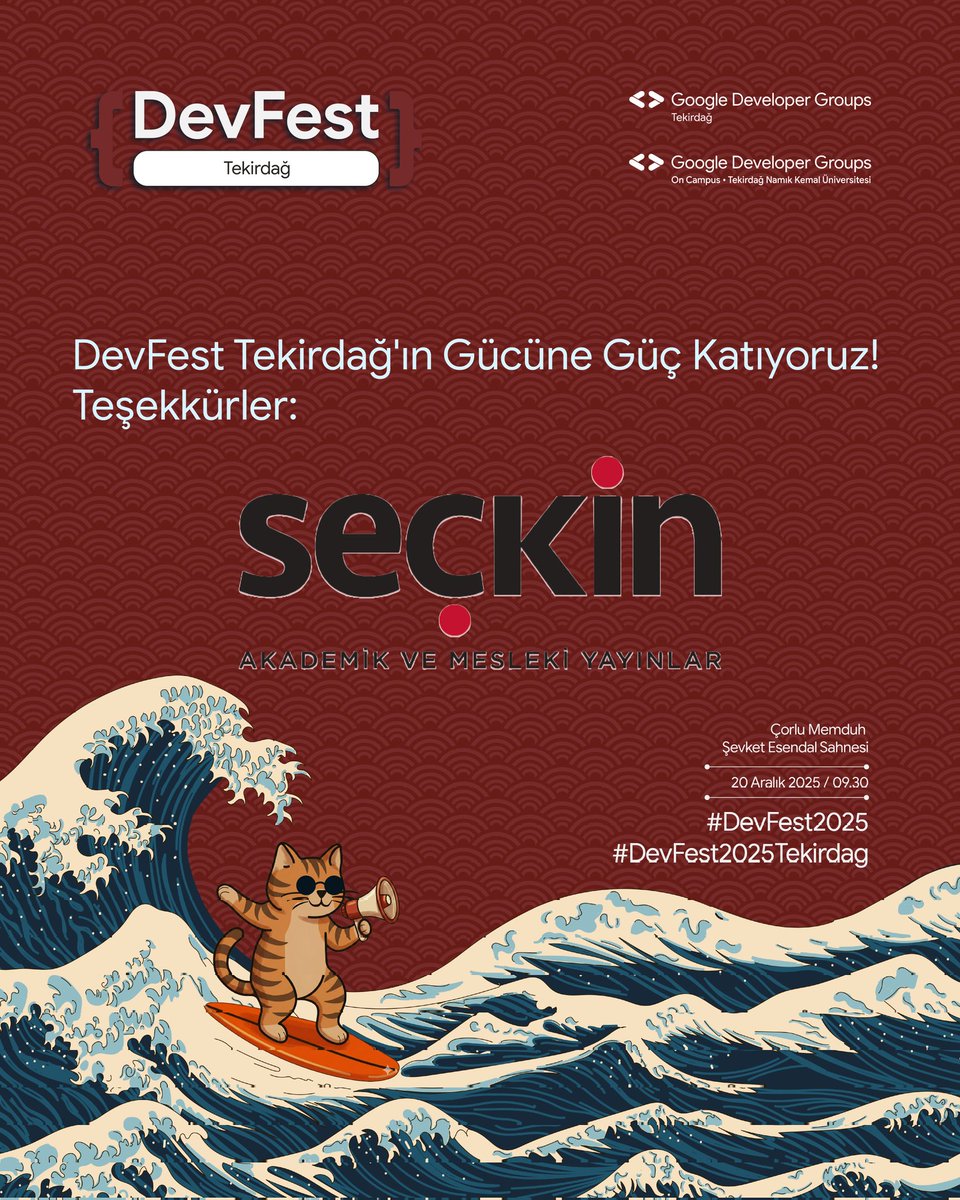 DevFest Tekirdağ 2025’e verdikleri kıymetli destek için
Seçkin Akademik ve Mesleki Yayınlar’a teşekkür ederiz 🙌
Teknolojiye ve öğrenmeye değer katan iş birlikleriyle DevFest daha güçlü!

📍 Memeduh Şevket Esendal Sahnesi
🗓 20 Aralık
🔗 bit.ly/devfest2025tek…

#DevFest