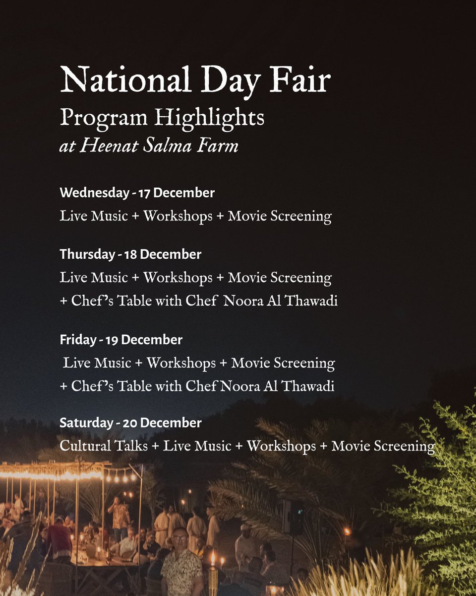 احتفال يجمع الثقافة، الفن، والطبيعة في تجربة واحدة.
تدعوكم مزرعة حينة سالمة للاحتفال باليوم الوطني من 17 إلى 20 ديسمبر من خلال برنامج غني بالموسيقى الحيّة، الحوارات الثقافية، ورش العمل التفاعلية، والعروض السينمائية، والفعاليات العائلية.
أيام من اللقاء، التعلّم، والاحتفاء بالهوية