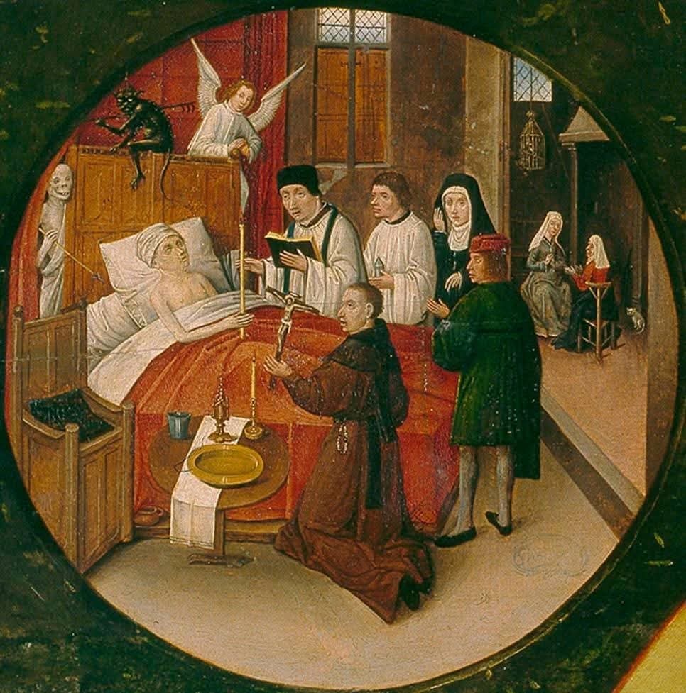 El Bosco.
Holandés, c. 1450-1516.
Detalle de la Muerte: Cuatro Últimas Cosas. 1480

Museo del Prado, Madrid.

La muerte se muestra en el umbral, personificada como una parca, junto con un ángel y un demonio, mientras el sacerdote da la extremaunción del pecador.