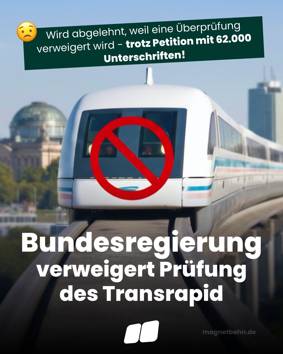 🛑 Der Transrapid gilt in Deutschland nicht als gescheitert, weil er eine Prüfung nicht bestanden hätte, sondern weil eine solche Prüfung verweigert wird. Trotz knapp 62.000 Unterstützern meiner Petition stützt sich der Petitionsausschuss auf eine Stellungnahme des