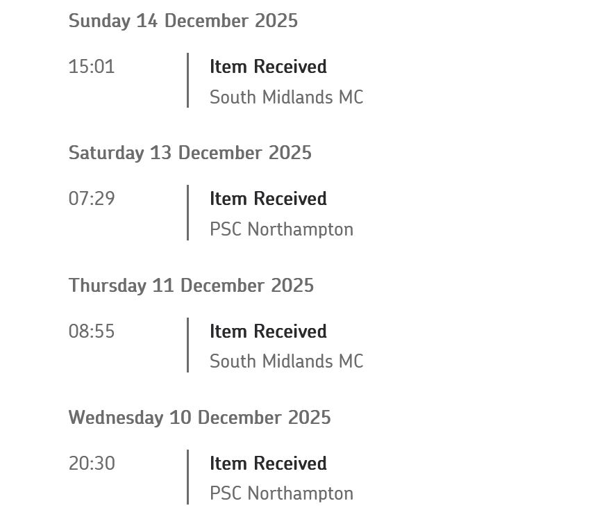 callie13smith's tweet photo. I appreciate that the post will take a bit longer due to the time of year, but this is ridiculous  @RoyalMail 🫤 https://t.co/q1Hlq1knBR