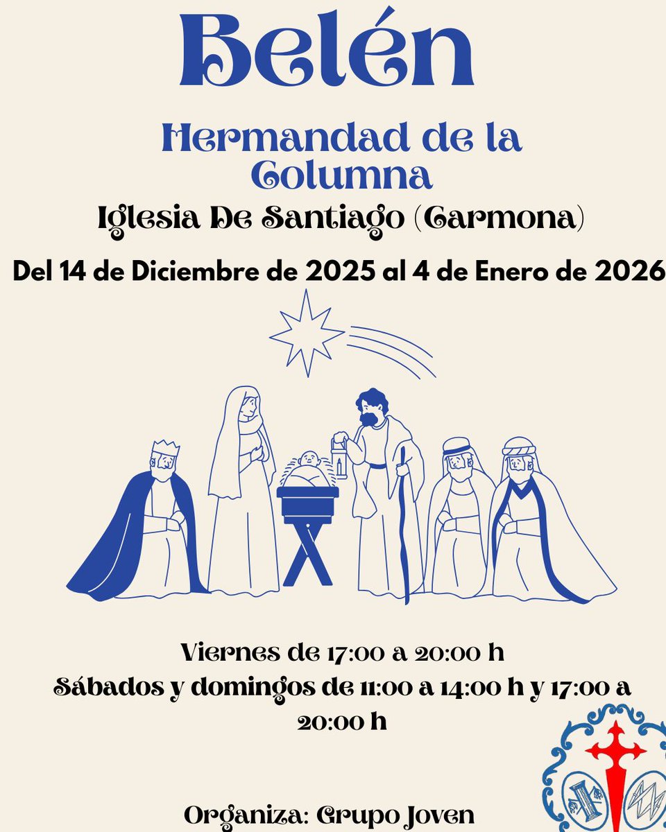 📌 GRUPO JOVEN| 𝐁𝐄𝐋𝐄𝐍

⛪Iglesia de Santiago 
📅 Del 14 de diciembre de 2025 al 4 de enero de 2026
𝗩𝗶𝗲𝗿𝗻𝗲𝘀
🕔 17:00h-20:00h
𝗦𝗮́𝗯𝗮𝗱𝗼𝘀 𝘆 𝗱𝗼𝗺𝗶𝗻𝗴𝗼𝘀
🕚11:00h-14:00h
🕔 17:00h-20:00h