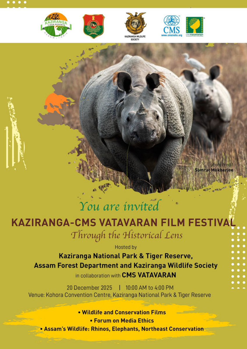 kaziranga_'s tweet photo. 🎬 You’re Invited!
Experience conservation through cinema at the "Kaziranga CMS Vatavaran Film Festival: Through the Historical Lens" 🦏🌿
📅 20 Dec 2025 | ⏰ 10 AM–4 PM
📍 Kohora Convention Centre, Kaziranga
#Kaziranga #CMSVataavaran #WildlifeFilms #ConservationCinema #Assam https://t.co/wiY4zDdTH1