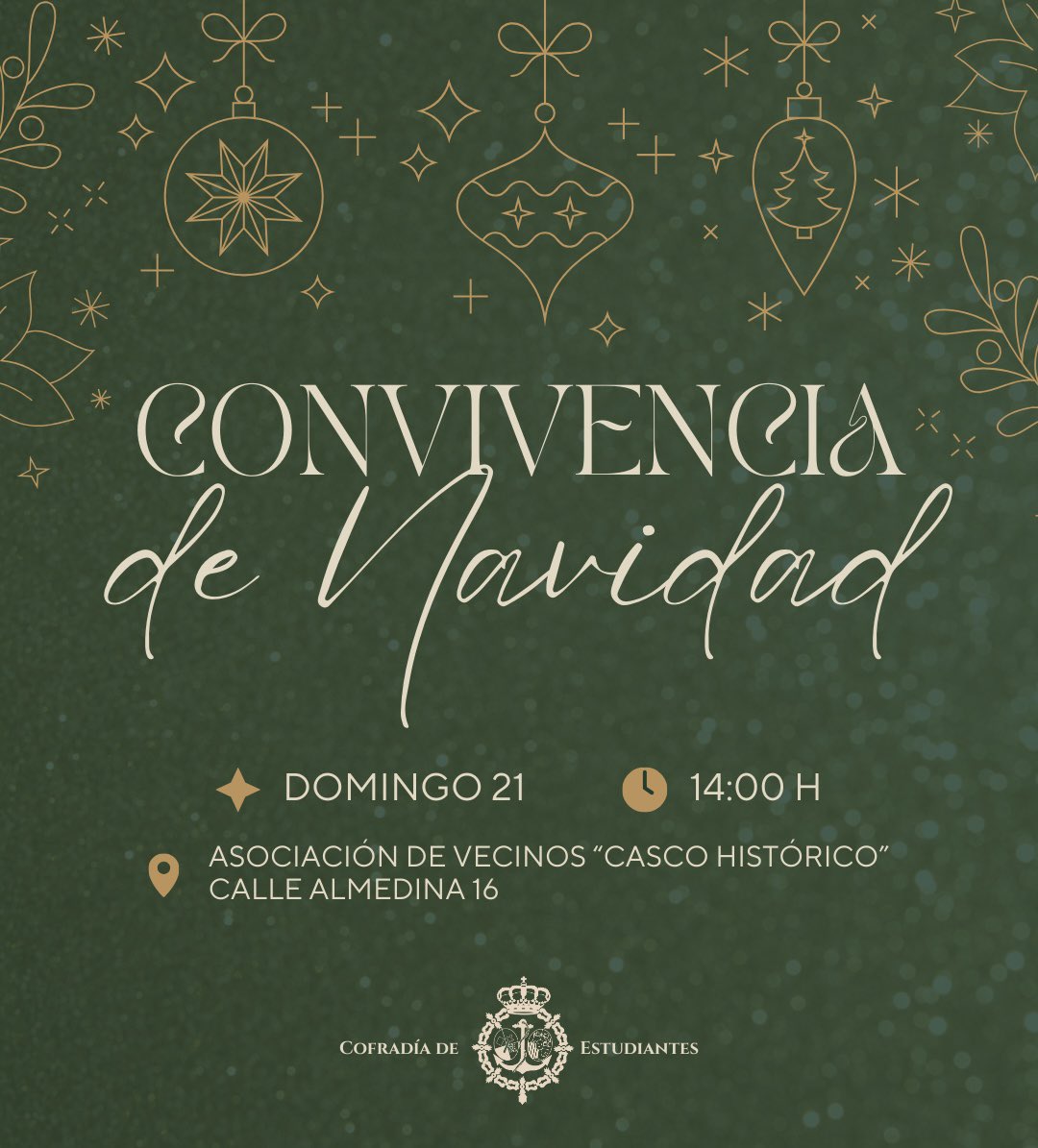 CONVIVENCIA NAVIDAD|

E próximo domingo 21 de diciembre tendremos la convivencia de navidad. Será a partir de las 14:00h en la Asociación de Vecinos “Casco Histórico”.

Os animamos a que vengáis aportando algo de comida para disfrutar de un momento de encuentro y de Hermandad.