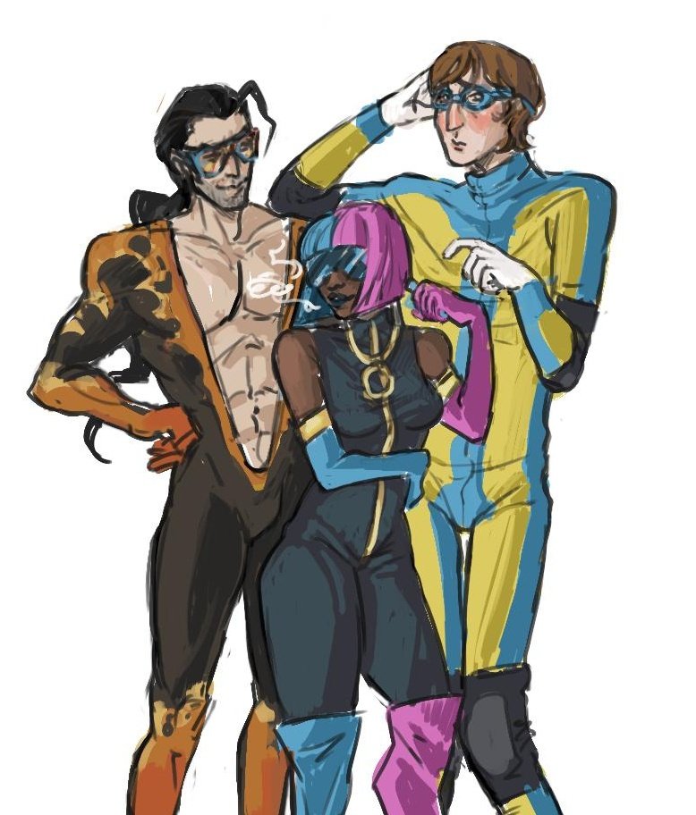 Goblinsaah's tweet image. I love this trio sm, I just know they take him to kareoke.

#dispatchfanart #flambae
#waterboy #prism