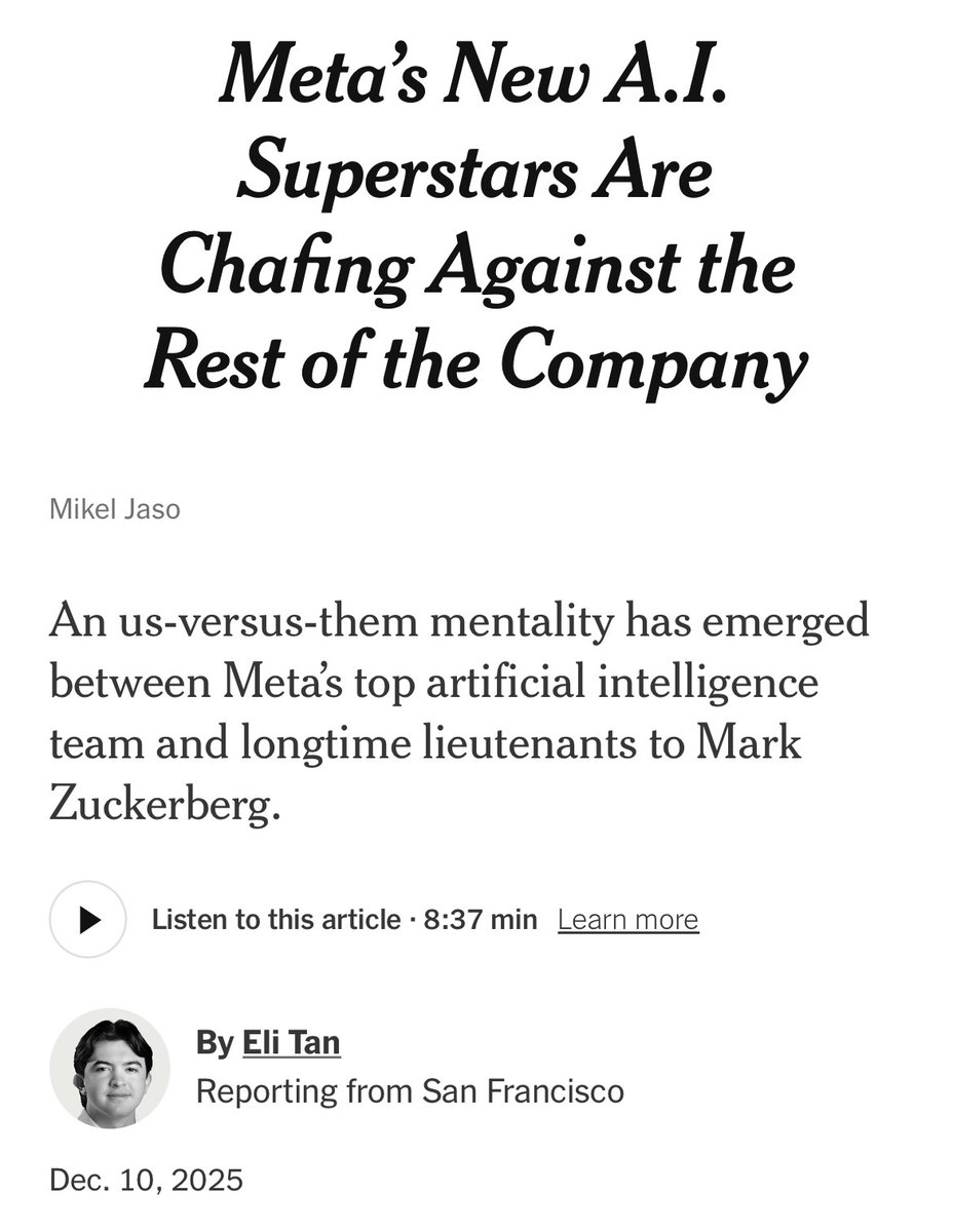 albrgr's tweet photo. These sentences are so funny to see in straight news stories:
“researchers have come to view many Meta executives as interested only in improving the social media business, while the lab’s ambition is to create a godlike A.I. superintelligence” https://t.co/46HGSj8fPd