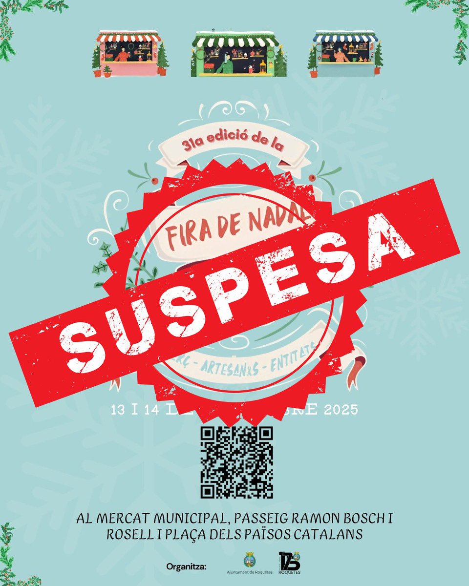 ⚠️ 𝗔𝗩𝗜́𝗦 | ❌ ES CANCEL•LA LA FIRA 🛍️

📣 La 3️⃣1️⃣a #FiradeNadaldeRoquetes queda suspesa
🌧️ Davant l'arribada de pluja, no se celebraran la resta d’actes previstos per avui diumenge a la tarda, per garantir la seguretat d'expositors i visitants.

#ComerçLocal
#Artesania