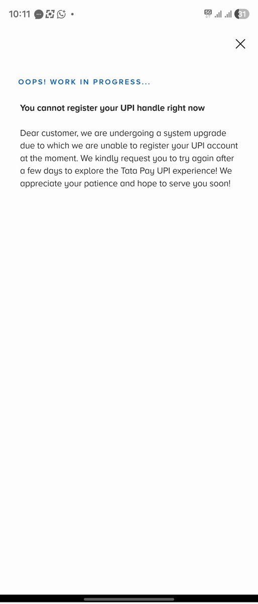 imdmm93's tweet photo. @tata_neu @NPCI_NPCI
UPI registration on the Tata Neu app has been failing for 20+ days on my new phone.
Every attempt shows the same “system upgrade” message.
This is unacceptable for a Tata product offering UPI services.
Please fix this immediately. https://t.co/ZcF0YIXuZx