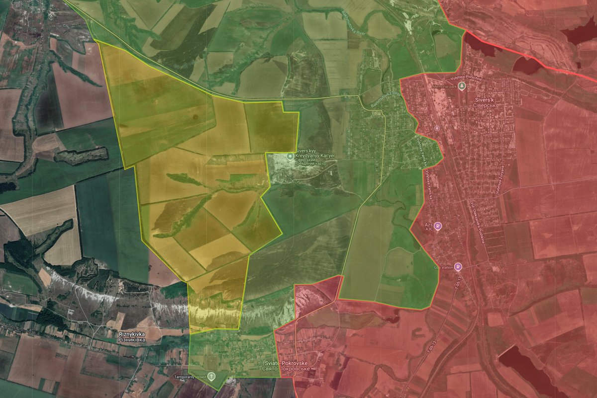 #Ukraine #Seversk Die russische Armee nimmt beinahe im Laufschritt den KreideTagebau westlich von Siverks, die Ebene "dahinter" und den ersten Teil der DolomitKalkHügel (KalibratedMaps). In diesem Naturschutzgebiet hatten sich bisher UkraSöldner verschanzt, die jetzt wohl weiter