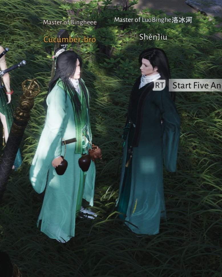 met a shen jiu in the wild yesterday and we were both in the same outfit but different shades of green that was so shen twins of us