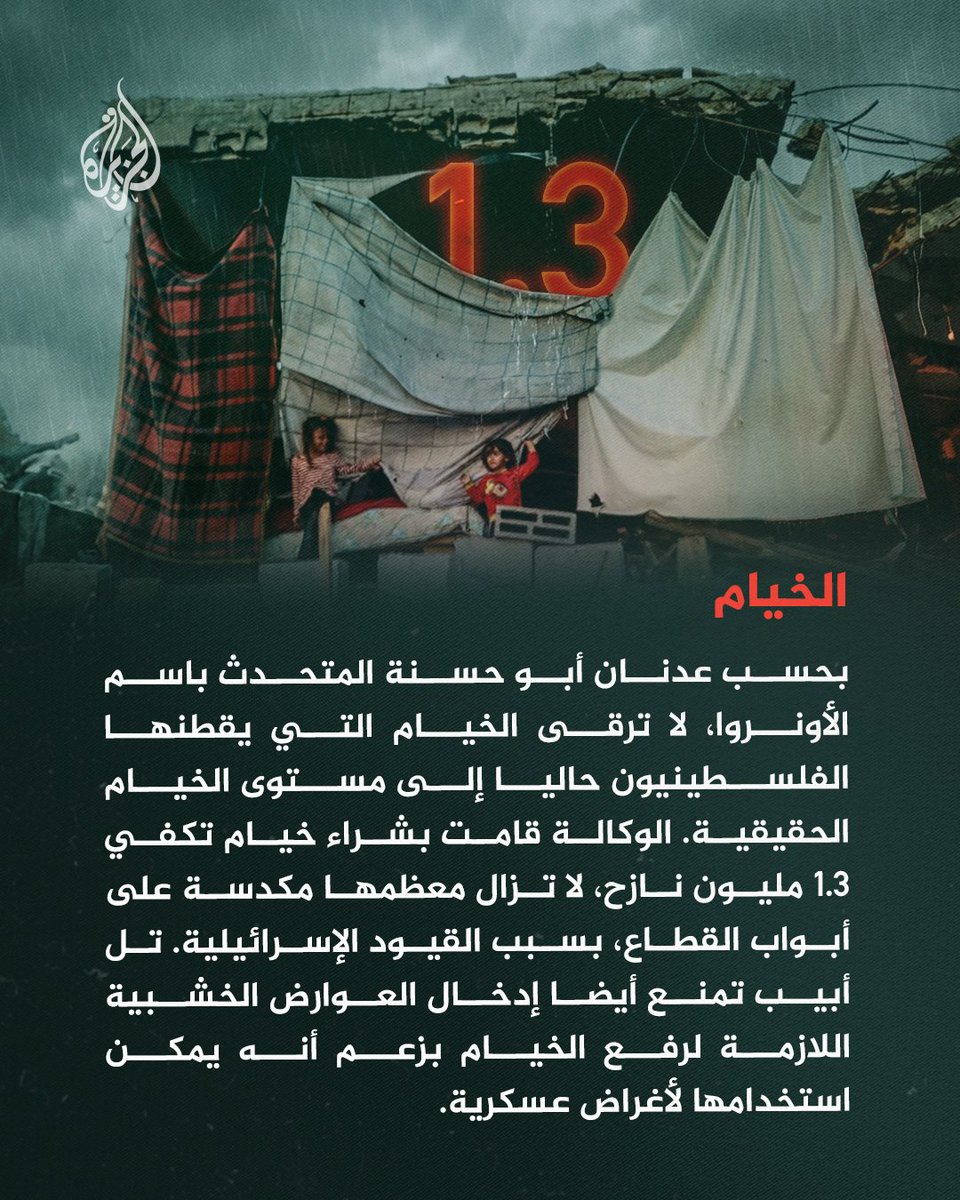 بردٌ بلا وقود، وخيام بلا أعمدة، وبطانيات لا تكفي.. #غزة تواجه شتاء قاسٍ في ظل قيود إسرائيلية مشددة على إدخال المساعدات التي يحتاجها السكان 
#الجزيرة_ألبوم