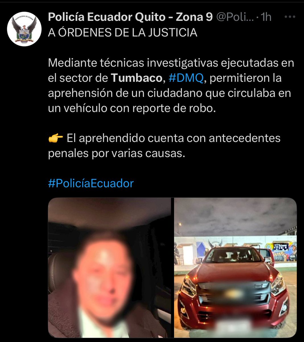 Mediante técnicas investigativas la Policia detuvo a un ciudadano en la parroquia de Tumbaco, según la Policía el vehículo estaría reportado como robado.