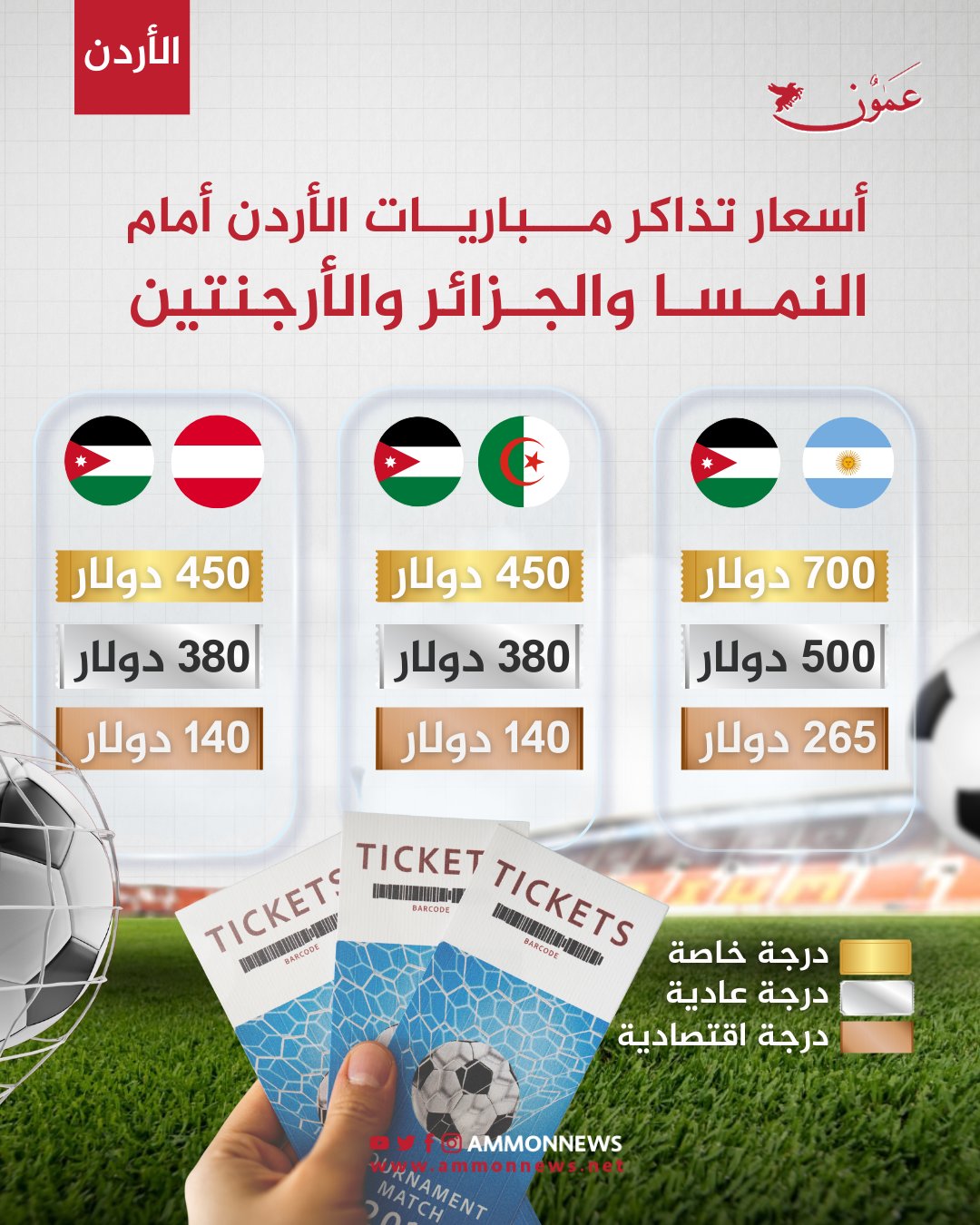 أسعار تذاكر مباريات الأردن أمام النمسا والجزائر والأرجنتين #عمون 