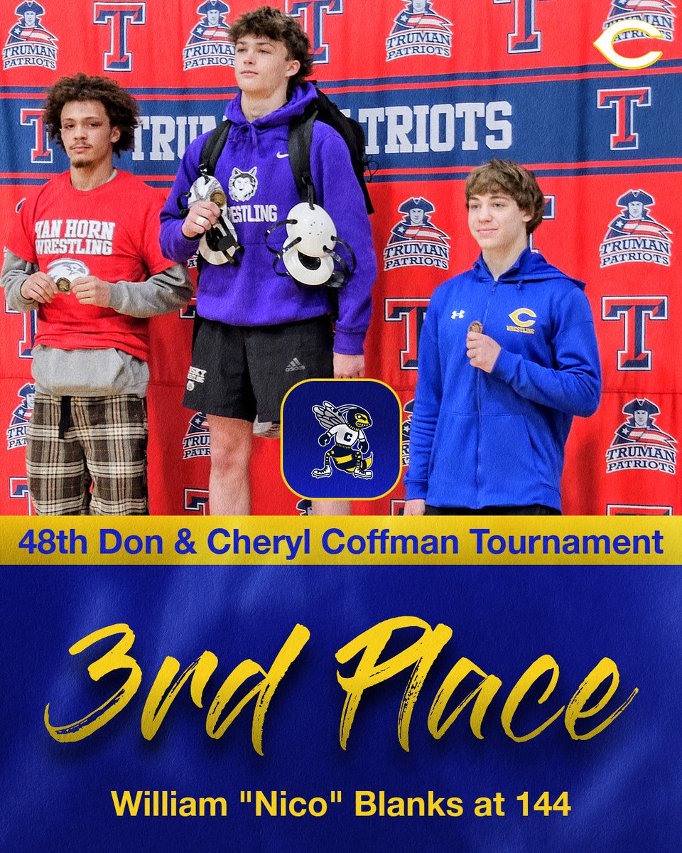 William “Nico” Blanks (So.) – 144 lbs

Record: 15–3
Achievement: 🥉 3rd Place – Coffman Tournament

Sophomore standout showing toughness and consistency.
🐝 HIVE MIND: Lead by example.
#wearecenter <a href="/CHSAthletics58/">CHS Athletics</a> <a href="/CHSJACKETPRIDE/">KC Center Yellowjacket Football</a> <a href="/CenterHS/">Center High School</a> <a href="/missouriwrestle/">Missouri Wrestling</a>