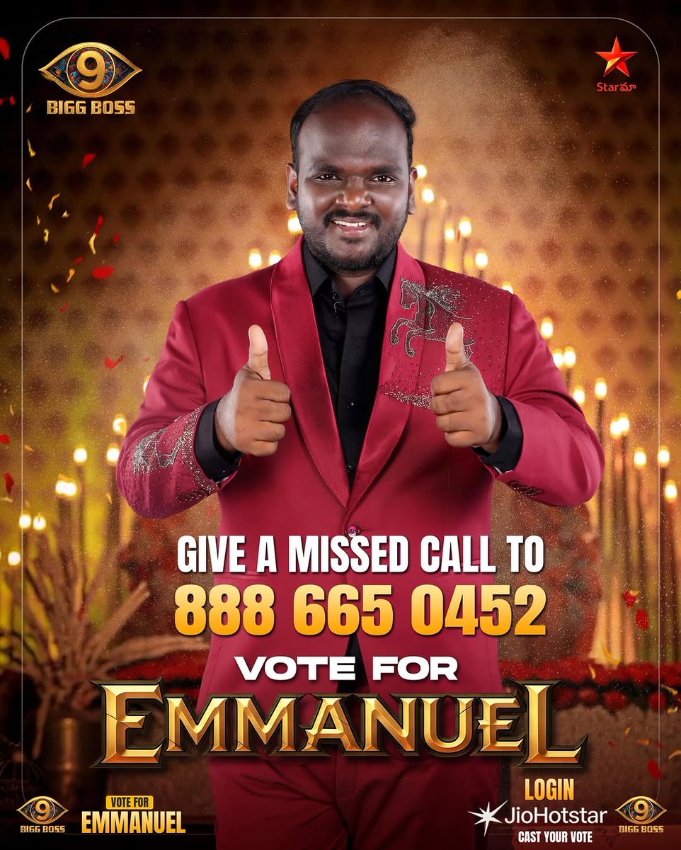 jabardasth67074's tweet photo. The final Battle is here🔥
He fought like a WARRIOR🔥🌟
Please VOTE for EMMANUEL❤️

Do vote and support Emmanuel each and every vote matters 
.
How to Vote:
Step 1: Login JioHotstar
Step 2: Search Bigg Boss Telugu
Step 3: Click on Emmanuel’s photo
Step 4: Tap ‘Done’ at the bottom
• Give a free missed call to 8886650452

#BiggBossTelugu9 #Emmanuel