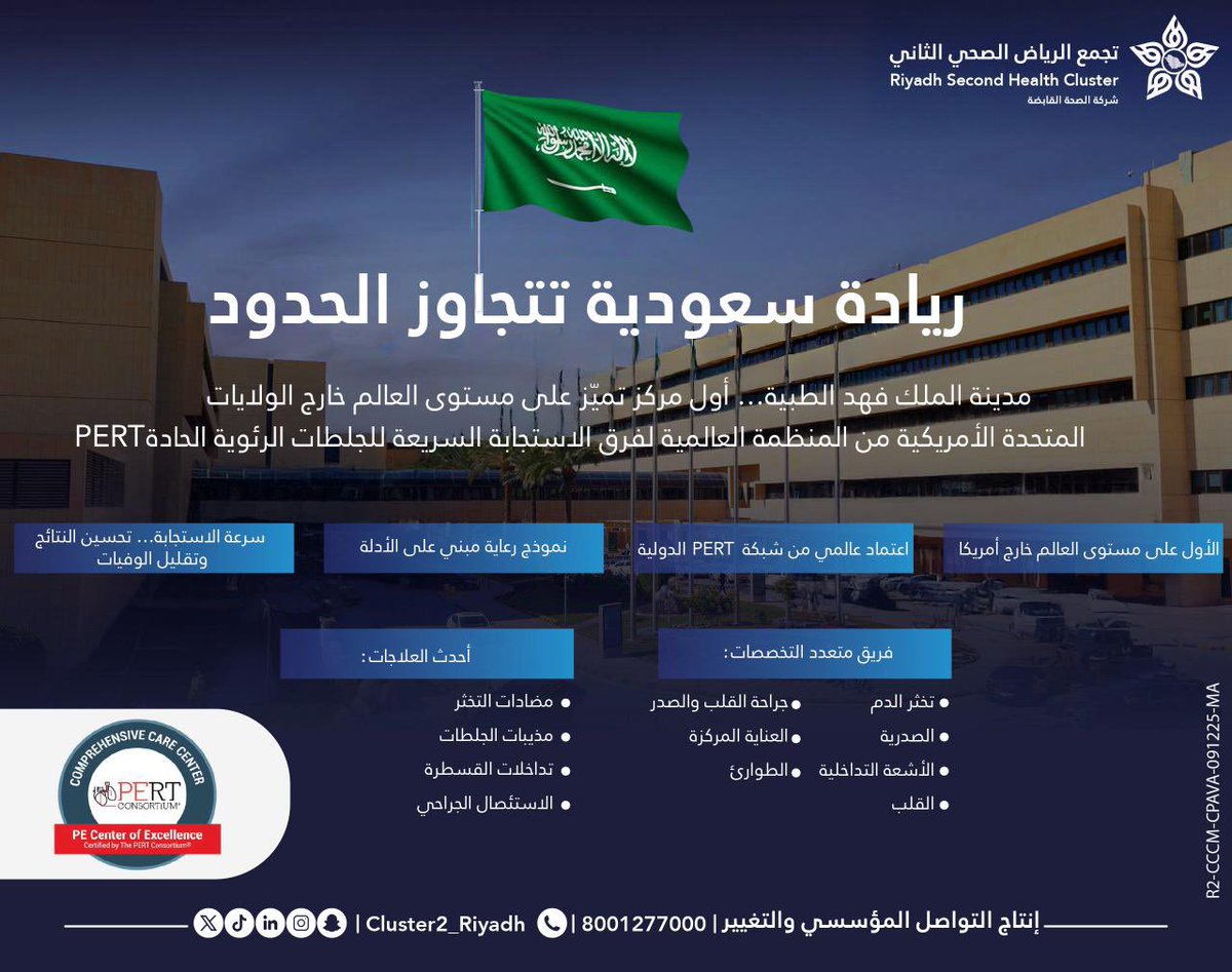 #اخبار 

#مدينة_الملك_فهد_الطبية  الأولى عالميًا خارج الولايات المتحدة كمركز تميّز دولي لعلاج الجلطات الرئوية (PERT)

alriyadh.com/2165335